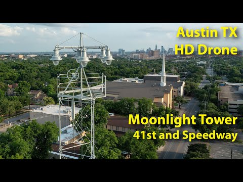 HD Drone Moonlight Tower Hyde Park Austin Texas.