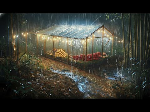 CAMPING DURING HEAVY RAIN WITH CRAZIEST THUNDER // struggling to build a place from river bamboo