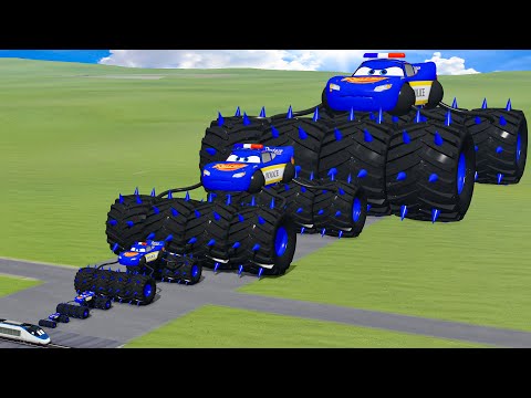 Big & Small Blue Lightning McQueen Police Cars vs Thomas Trains | BeamNG.Drive