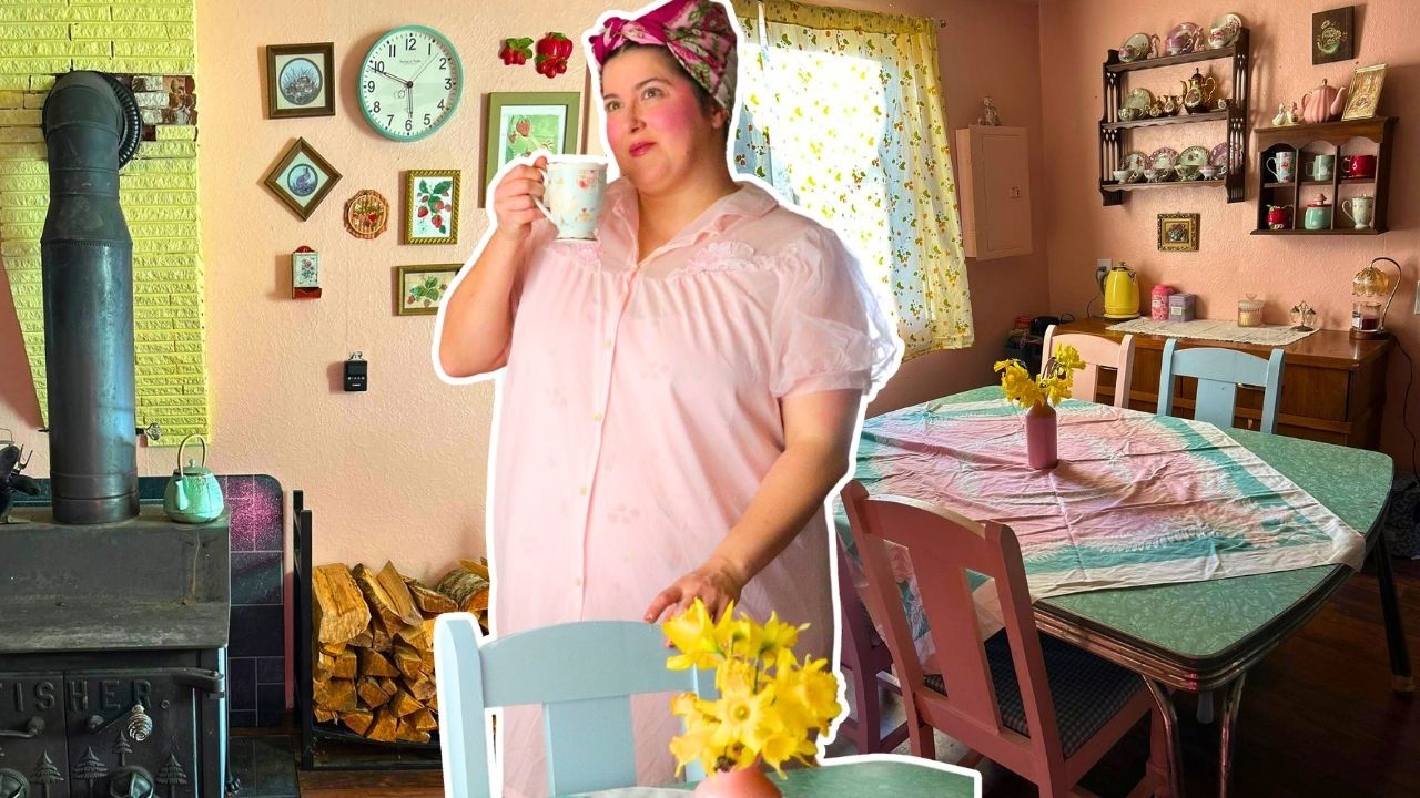 My dining room was boring. I made it pink (and everything is thrifted in this DREAMY 1950s room)