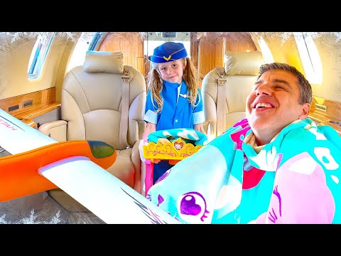 Nastya berpura-pura menjadi pramugari di pesawat