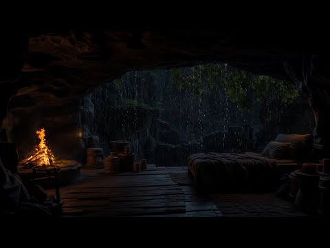 Deep Sleep in a Cozy Rainy Thunder Cave Bonfire Sounds and for Stress Relief, Peaceful Deep Sleep😴