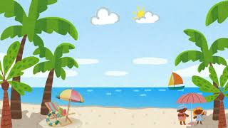 Cartoon Beach Vibes background|sunny days|Ships|coconut trees|Sea|sun|Cloud