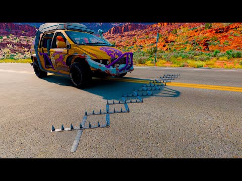 Massive Spikes Strips Pileup VS Cars Crash Beamng Drive #8 | CrashCrafted