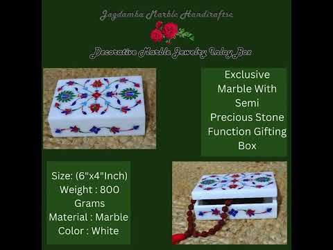 Boîte à Bijoux En Marbre Blanc Avec Incrustations De Malachite – Marqueterie Florale – Art Fait Main (Inde)