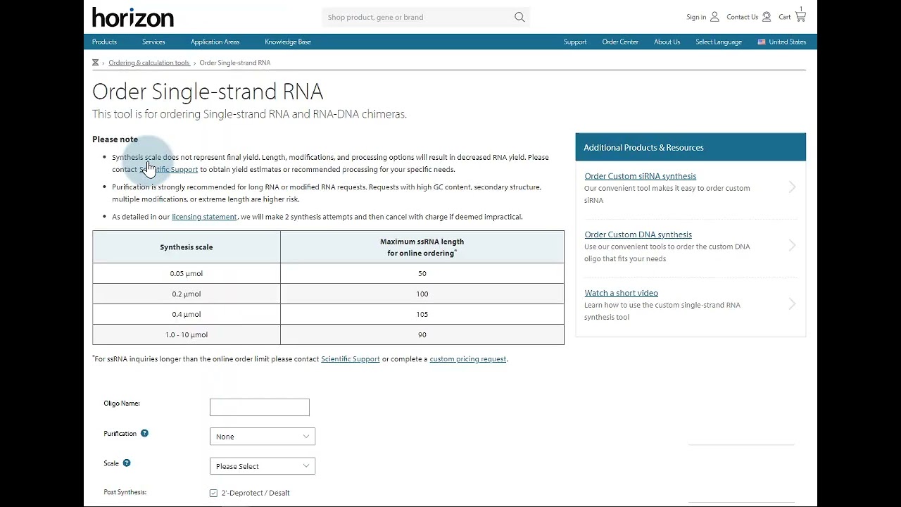 How to use the Dharmacon custom single strand RNA synthesis tool