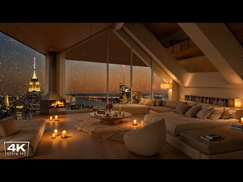[4K] Cozy NYC Apartment on Snowy Day | Elegant Piano Jazz Music & Crackling Fireplace for Relaxation