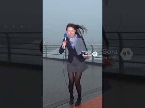 ミニスカ女子アナの中継中に台風でバケツが顔面直撃