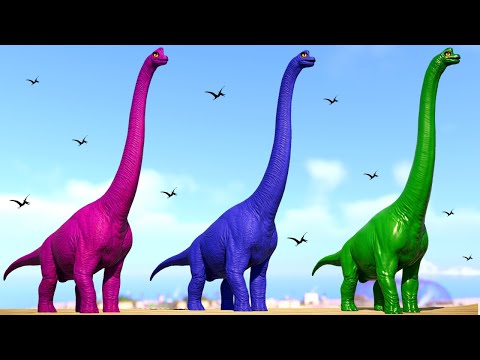 NEW ! Brachiosaurus Colors Conquering the Jurassic World with Malusaurus, TRex  Dinosaurs Fighting