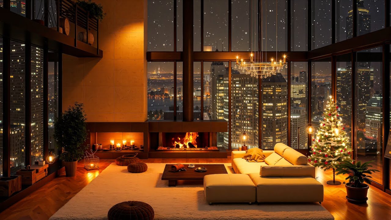 Cozy Christmas Night ☕🎄 Instrumental Christmas Jazz Music & Crackling Fireplace Sounds to Relax/Work