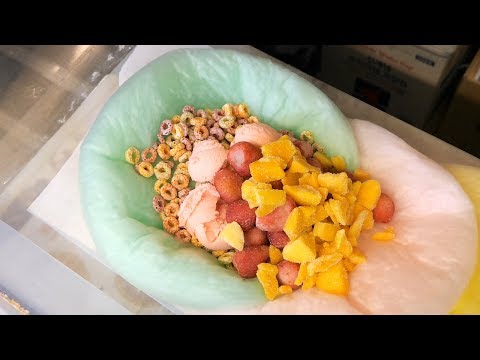 Amazing 3 Stage Cotton Candy Ice Cream Burrito With Fruit / Street Food / Seoul, Korea - 4K 60FPS