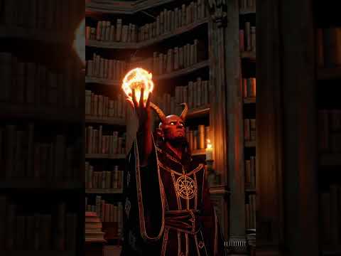 tieflind colore rosso con un corno spezzo vestito da mago