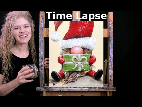 TIME LAPSE - Learn How to Paint "GIFT GIVING GNOME" with Acrylic - Fun Step by Step Holiday Scene