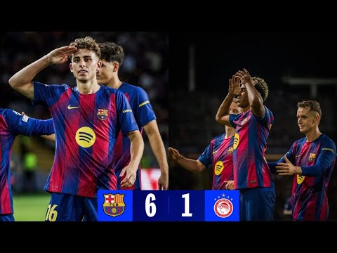 Barcelona vs Olympiacos 6-1 UCL highlights 2025 | Fermin Lopez Hat-trick | Rashford Double