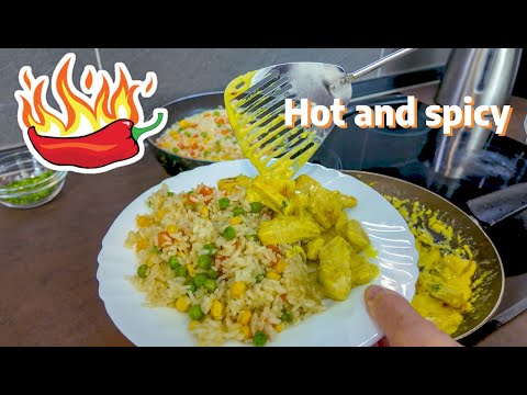 Spicy Chicken and Rice with Vegetables, Tasty Fusion with Curry and Jalapenos (HOT AND SPICY)