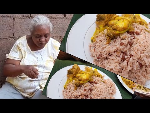 80 years old Mama Ena Cooks rice and Peas with Curry Chicken| Carrot pineapple juice.