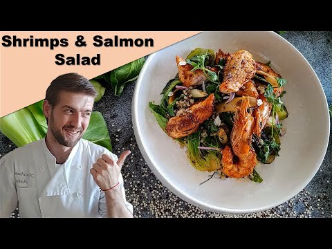 Roasted Salmon & Shrimps Salad with Crab paste Greens & Quinoa