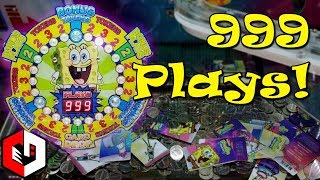 MAXING OUT The Arcade Game! 999 RAPIDFIRE PLAYS at Spongebob Coin Pusher Arcade Game!