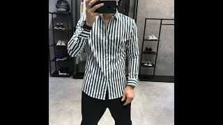 Корейская осенняя мужская рубашка, синяя, черная, в полоску, с длинным рукавом, приталенная, модная,