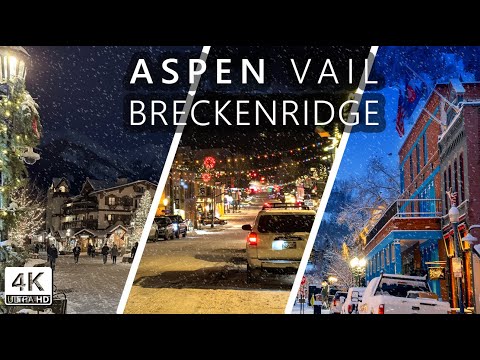 ASPEN - VAIL - BRECK - Winter Evening Christmas Decorated Colorado Famous Ski Towns - 4K Walk Tour