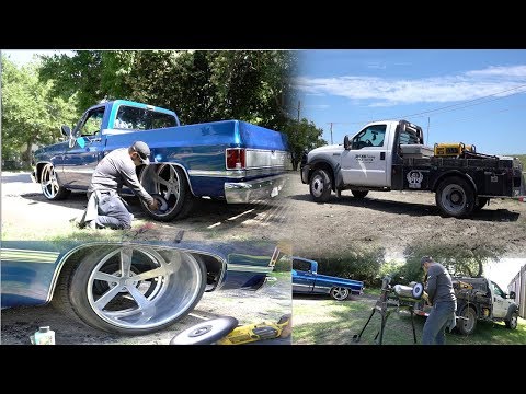 Polishing a dropped 1980 C10 wide billet wheels mobile in Dallas Texas!