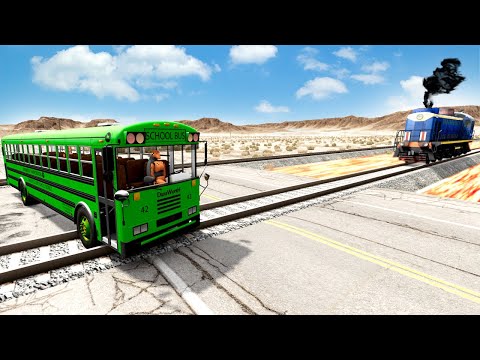 Trains vs Lava Crossing Road and Double Rails Tractor Rescue Stuck Cars and Buses - BeamNG.Drive