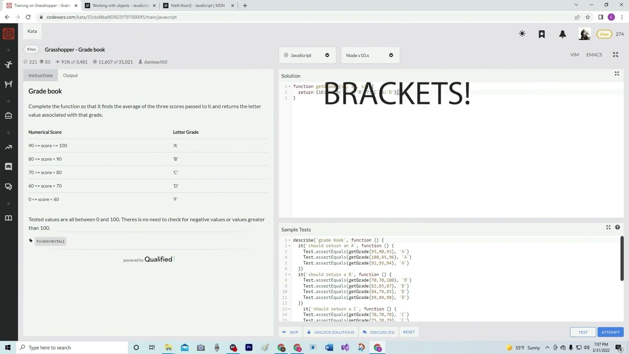 Codewars 8 kyu Grasshopper - Grade Book JavaScript