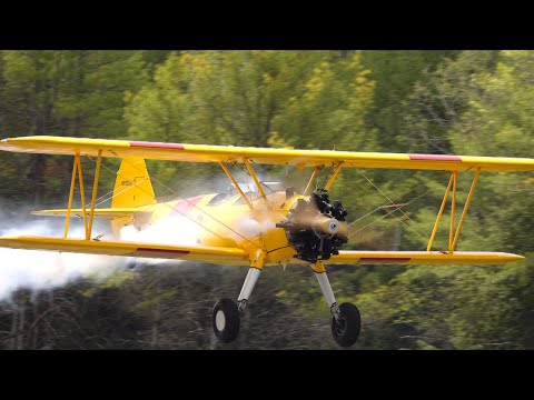PT-17 Stearman startup, taxi and smoky takeoff and flyby! [4K Video]