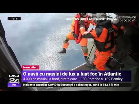 O navă plină cu mașini de lux a luat foc și plutește în derivă în Atlantic