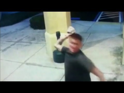 Vandal seen on surveillance video smashing several businesses with large rock