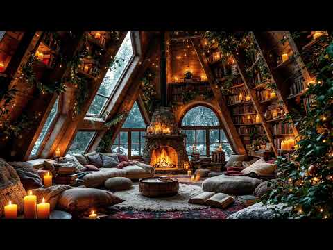 Cozy Cabin Ambience 🔥 Fireplace Crackling Sounds with Winter for Relaxation, Sleep & Study