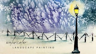 Peaceful Snowy Night Scene | How to Paint a Lamp and Fence in Watercolor