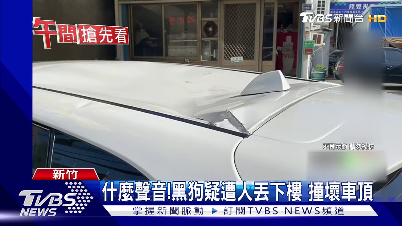 什麼聲音!黑狗疑遭人丟下樓 撞壞車頂