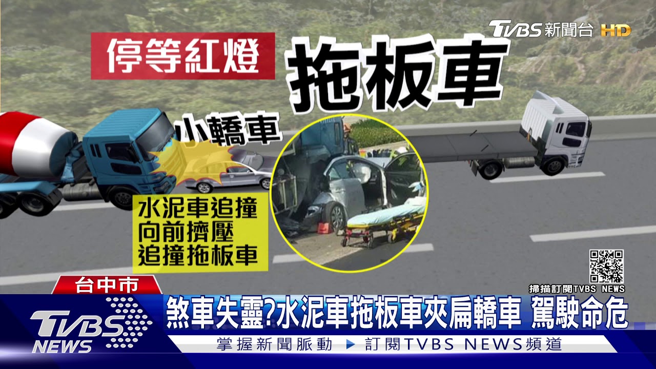 煞車失靈?水泥車拖板車夾扁轎車 駕駛命危