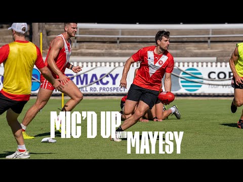 North Adelaide's Sam Mayes on the mic at training