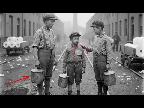1905 — Factory Yard, Rhode Island: Three Boys with Lunch Pails — One Wears His Brother’s Badge