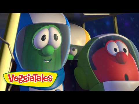 Two VeggieTales characters in space helmets, a green cucumber left and a red veggie right, with the VeggieTales logo in front.