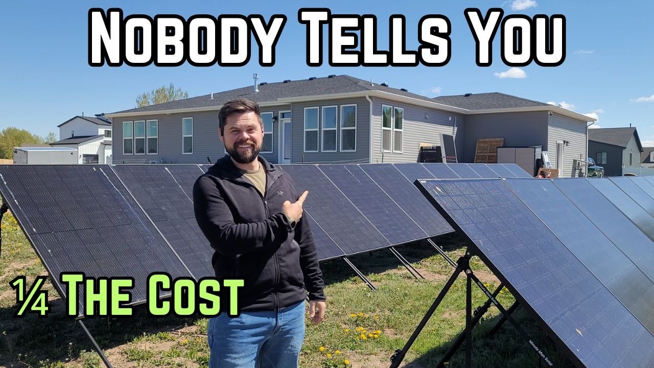 EcoFlow Delta Pro Ultra X battery stack with portable solar panels on ground stands in a residential driveway providing whole-home power