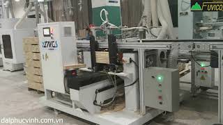 dây chuyến 4 máy làm mộng - chà nhà nhám tự động gắp phôi ra dùng 2 công nhân