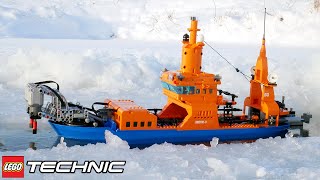 YouTube thumbnail: LEGO Technic MOC Working Icebreaker, 7 x Motors and 2 x BuWizz, 73 cm long