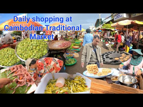 Daily Shopping At Cambodian Traditional Market.  Quail,  Pickles, Vegetables & More.