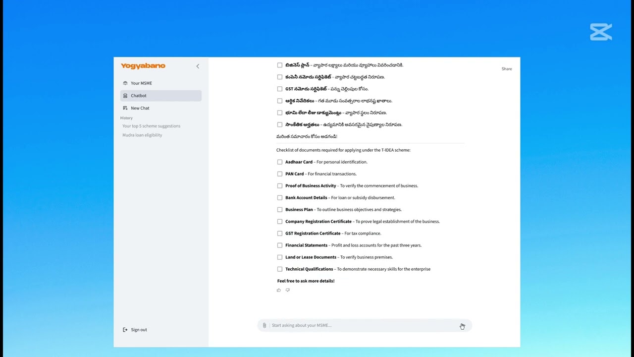 YogyaBano - MSME Business Chatbot Demo
