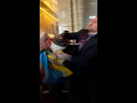 Russian and Ukrainian delegates fight for flag at conference