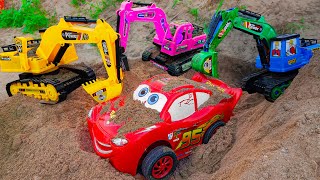 Dump truck, Excavator, Crane shoveling sand, rescue dinosaurs, wash toys | Kid Studio
