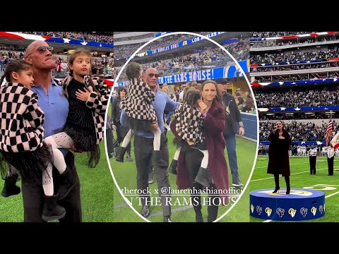 Dwayne Johnson and two daughters watched wife Lauren Hashian perform the National Anthem at NFL game