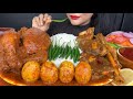ASMR EATING SPICY WHOLE CHICKEN CURRY MUTTON CURRY EGG CURRY WITH WHITE RICE AND SALAD