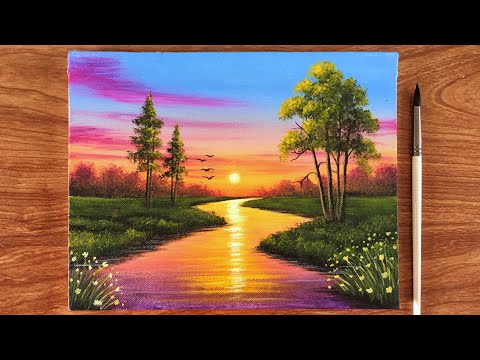 Peaceful Sunset Scene Painting on Canvas | Acrylic Painting for beginners | Canvas Painting