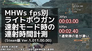 【モンスターハンターワイルズ】fps別 ライトボウガン速射モード時の連射時間計測(Steam版 Ver.1.011.00.00)