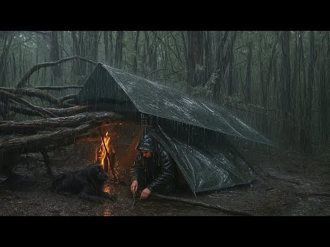 2 Days Alone Under Heavy Rain | Surviving in the Forest with Just a Tarp and Fire
