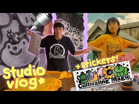 block printing tees + totes for my shop! 🍄🐸✨~ studio vlog 🌻🐞